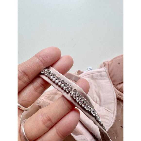 I.D. SARRIERI Light Pink Mesh Swarovski Rhinestone Thong Bodysuit, Size M - Picture 5 of 16